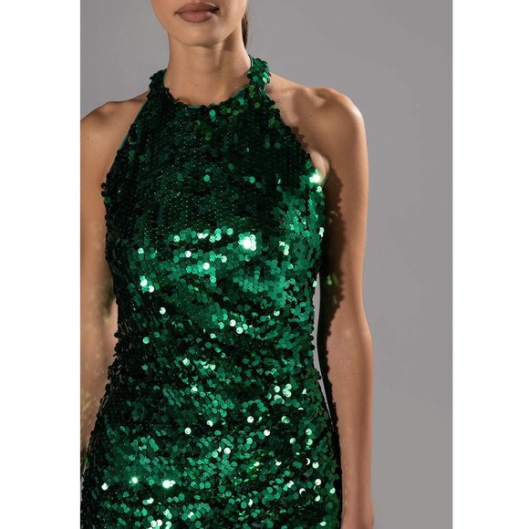 AKIRA Green Paillette Sequin Ruched Side Halter Open Back Mini Dress NWT Size XS - Picture 4 of 5